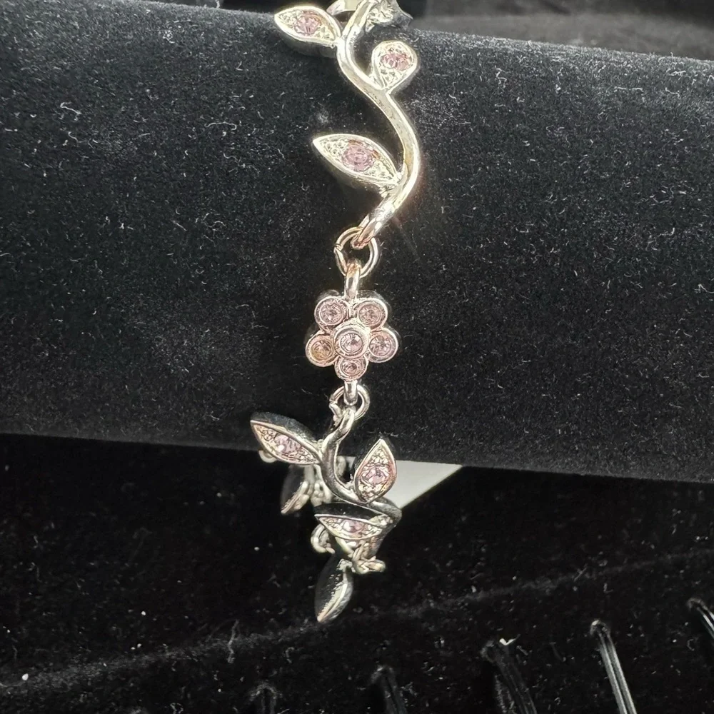 Silver Floral Pink Cubic Zirconia Bracelet